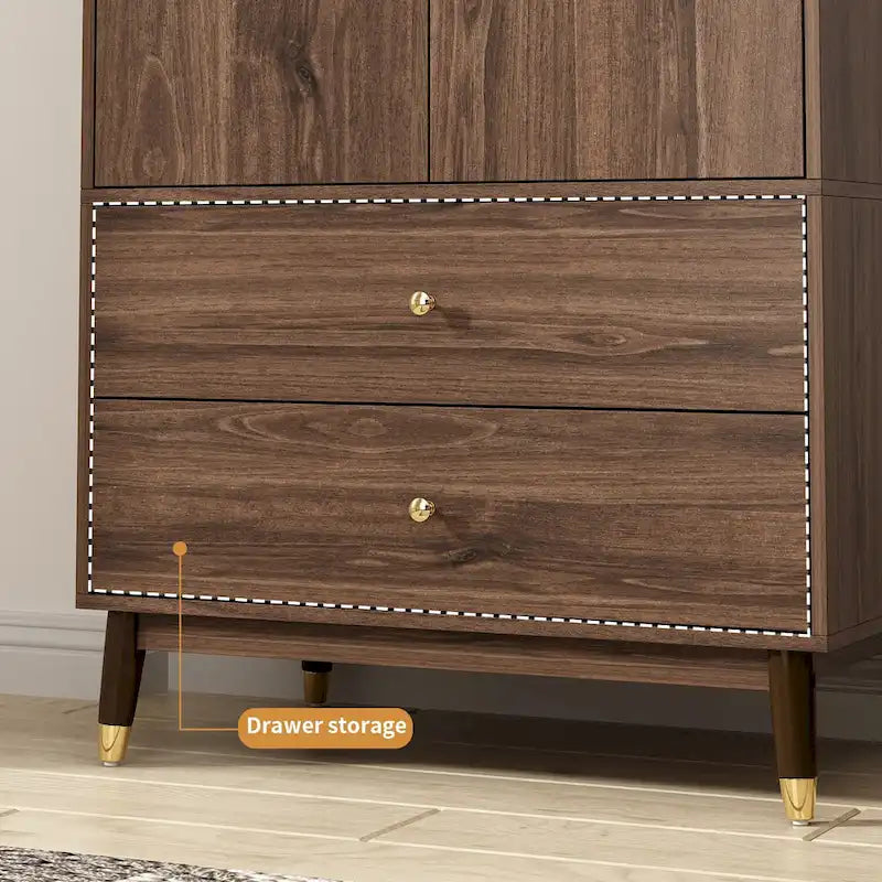 2-Door Wood Wardrobe Armoire with 2 Drawers and Open Shelf