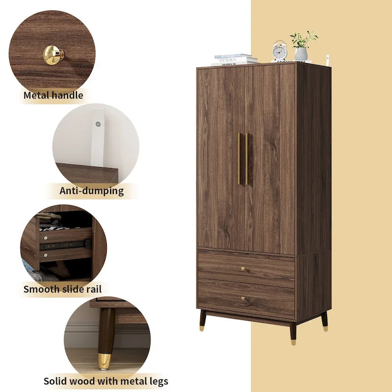 2-Door Wood Wardrobe Armoire with 2 Drawers and Open Shelf