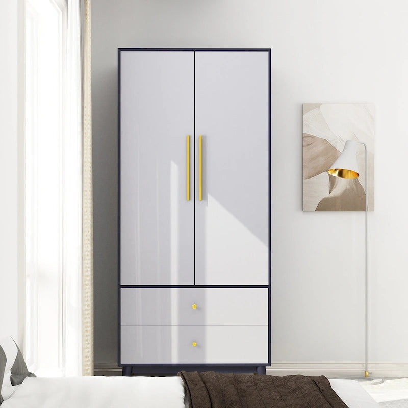 2-Door Wood Wardrobe Armoire with 2 Drawers and Open Shelf