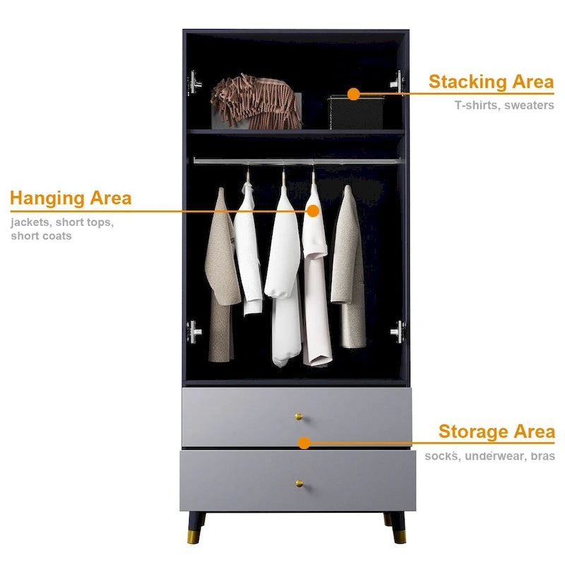 2-Door Wood Wardrobe Armoire with 2 Drawers and Open Shelf