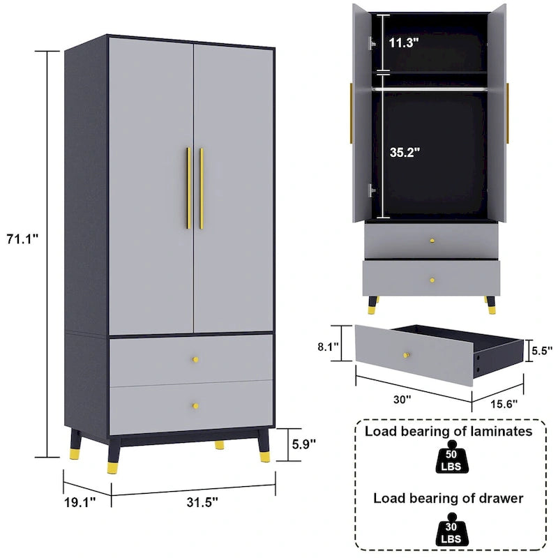 2-Door Wood Wardrobe Armoire with 2 Drawers and Open Shelf