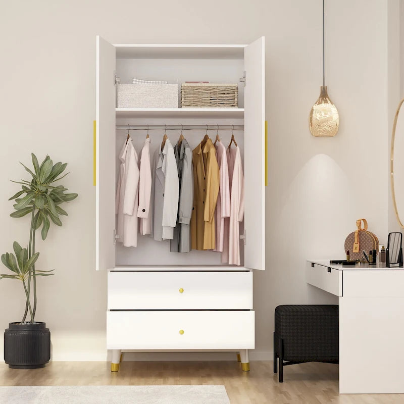 2-Door Wood Wardrobe Armoire with 2 Drawers and Open Shelf