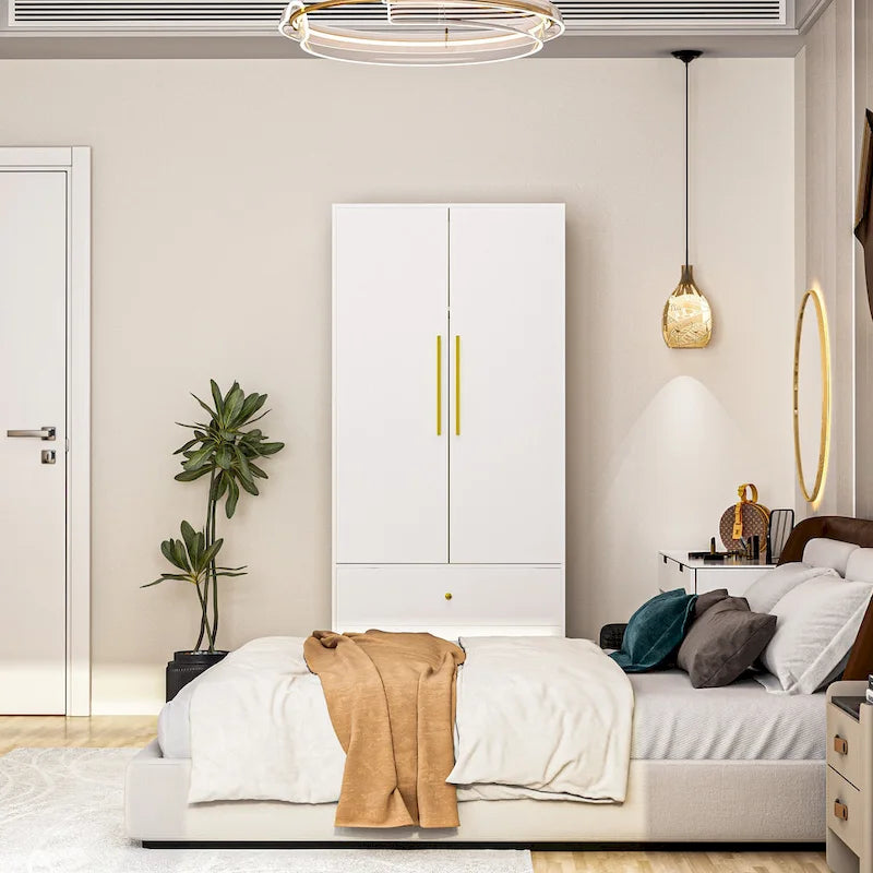 2-Door Wood Wardrobe Armoire with 2 Drawers and Open Shelf