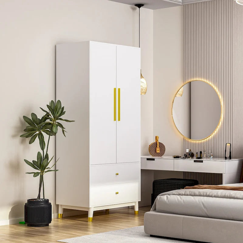 2-Door Wood Wardrobe Armoire with 2 Drawers and Open Shelf