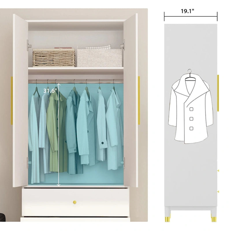 2-Door Wood Wardrobe Armoire with 2 Drawers and Open Shelf