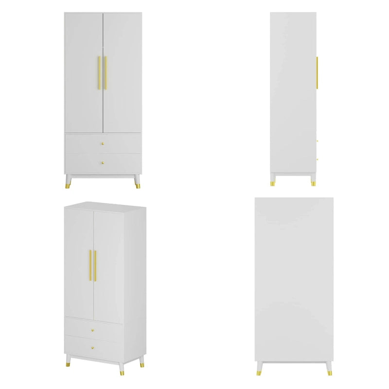 2-Door Wood Wardrobe Armoire with 2 Drawers and Open Shelf