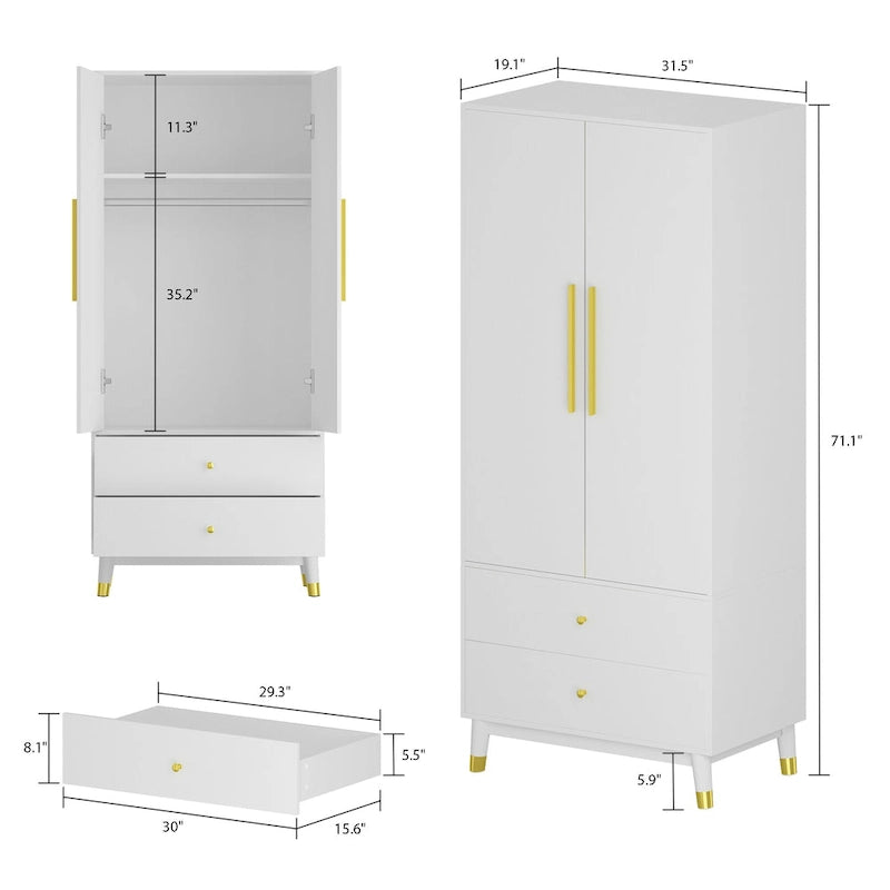 2-Door Wood Wardrobe Armoire with 2 Drawers and Open Shelf