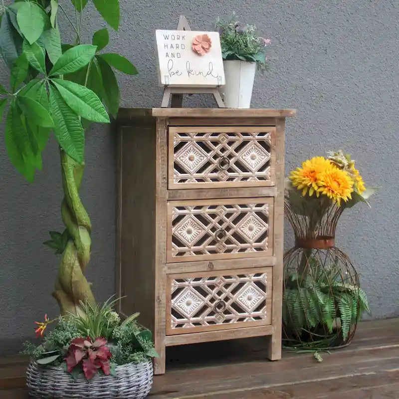 3-Drawer Carved Wood Vintage Accent Table with Brass Handles