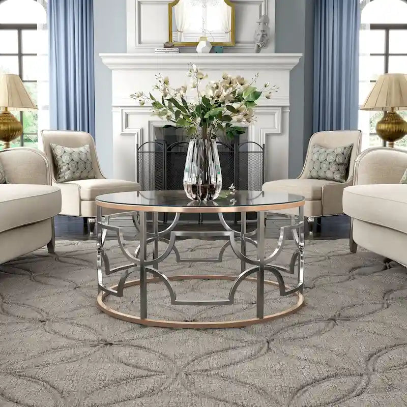 Round Glass Top Coffee Table with Chrome and Gold Frame