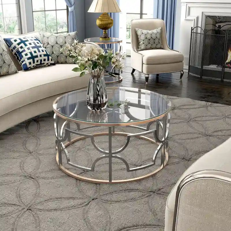 Round Glass Top Coffee Table with Chrome and Gold Frame