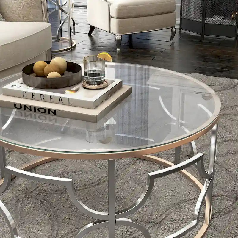 Round Glass Top Coffee Table with Chrome and Gold Frame