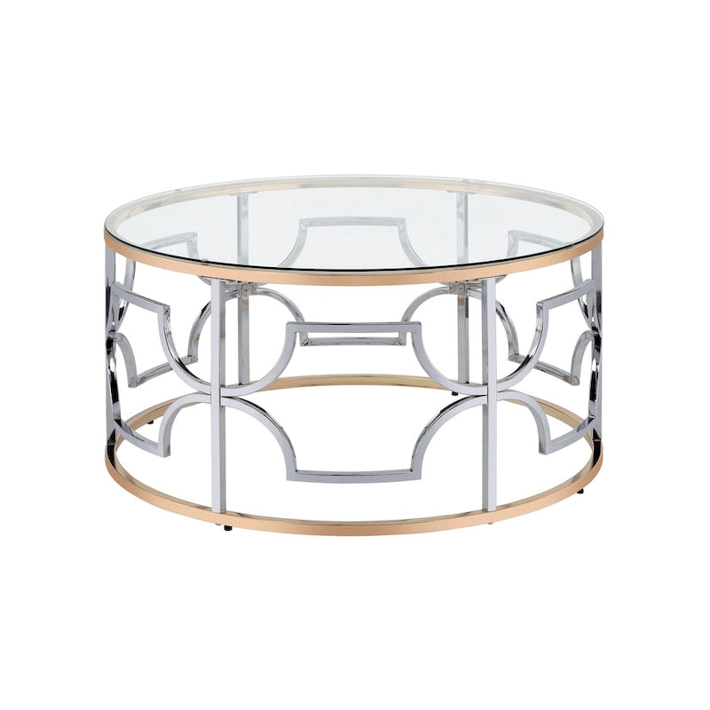 Round Glass Top Coffee Table with Chrome and Gold Frame