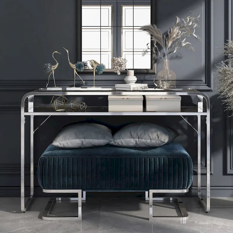 46-Inch Glass Top Console Table with Mirrored Lower Shelf