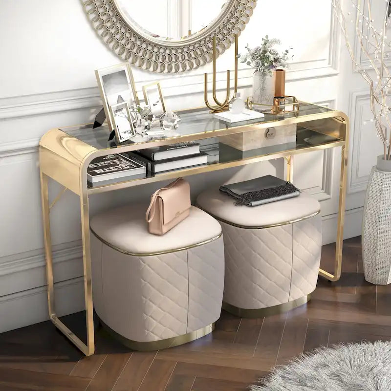46-Inch Glass Top Console Table with Mirrored Lower Shelf