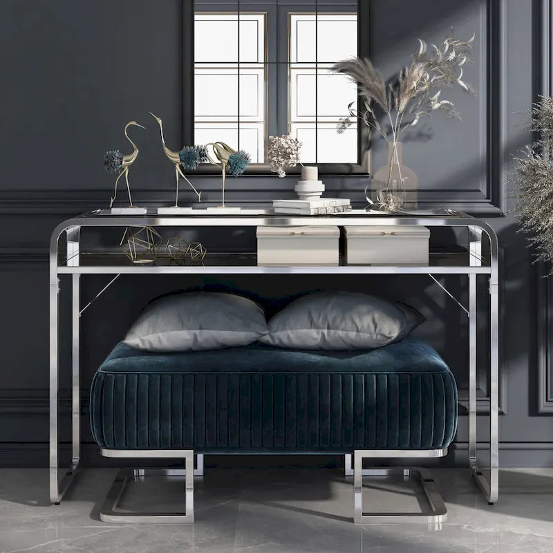 46-Inch Glass Top Console Table with Mirrored Lower Shelf