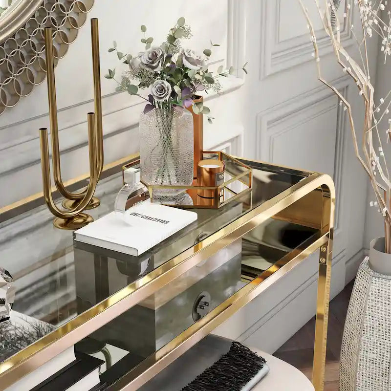 46-Inch Glass Top Console Table with Mirrored Lower Shelf