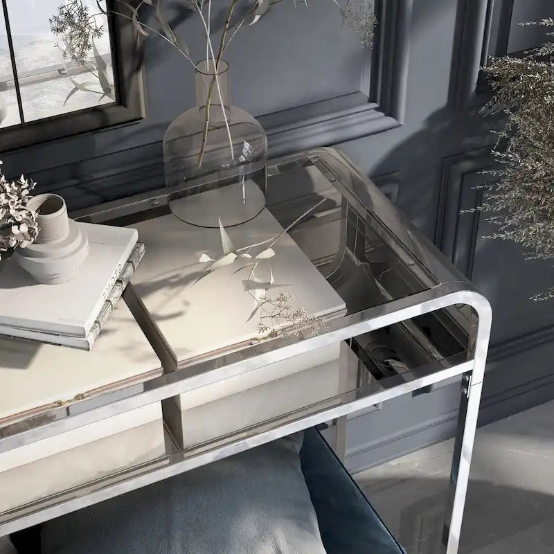 46-Inch Glass Top Console Table with Mirrored Lower Shelf
