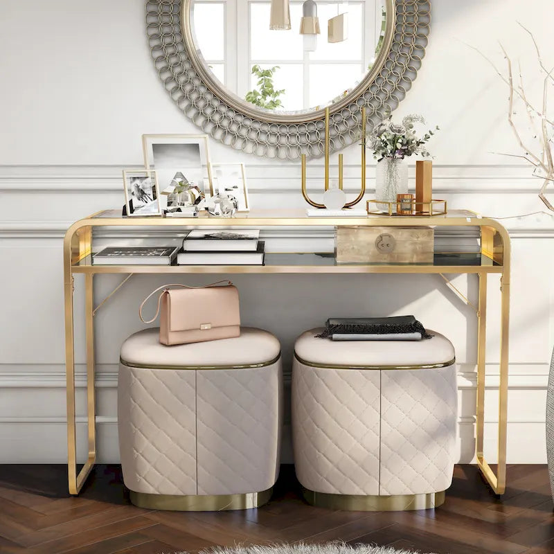 46-Inch Glass Top Console Table with Mirrored Lower Shelf