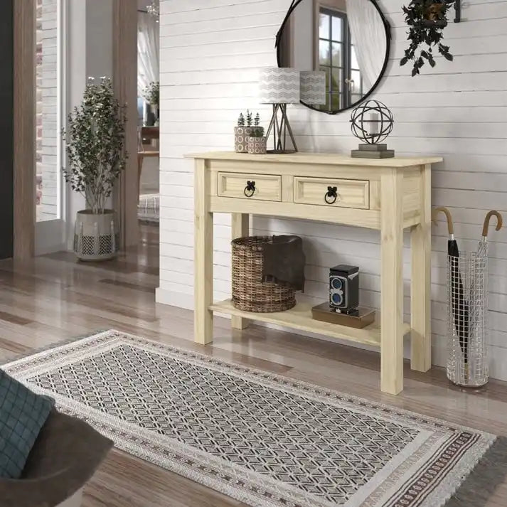 Solid Pine Wood Hall Console Table with 2 Drawers