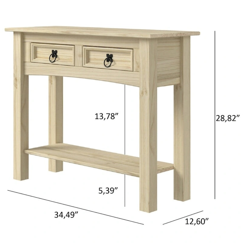 Solid Pine Wood Hall Console Table with 2 Drawers