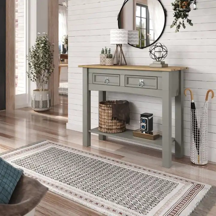 Solid Pine Wood Hall Console Table with 2 Drawers