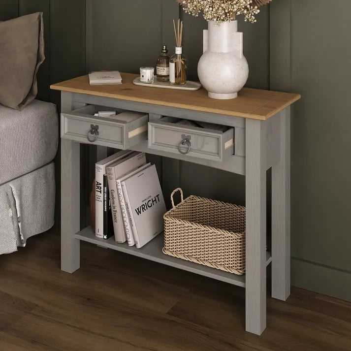 Solid Pine Wood Hall Console Table with 2 Drawers