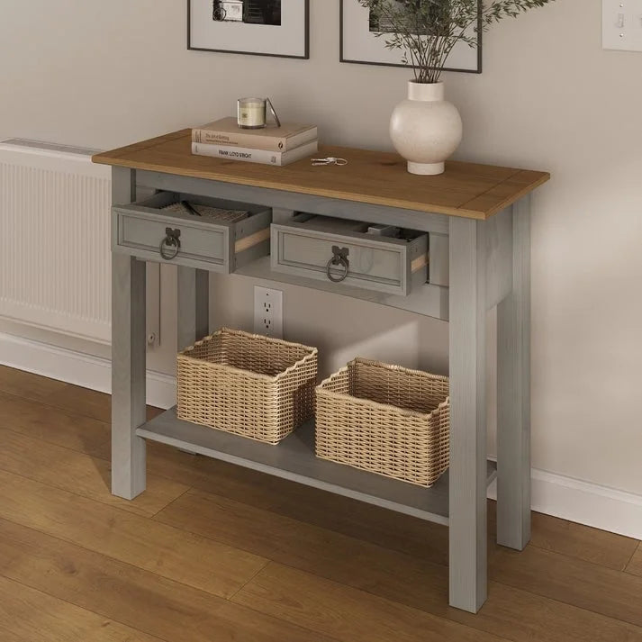 Solid Pine Wood Hall Console Table with 2 Drawers