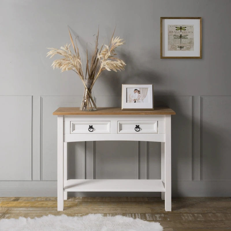 Solid Pine Wood Hall Console Table with 2 Drawers