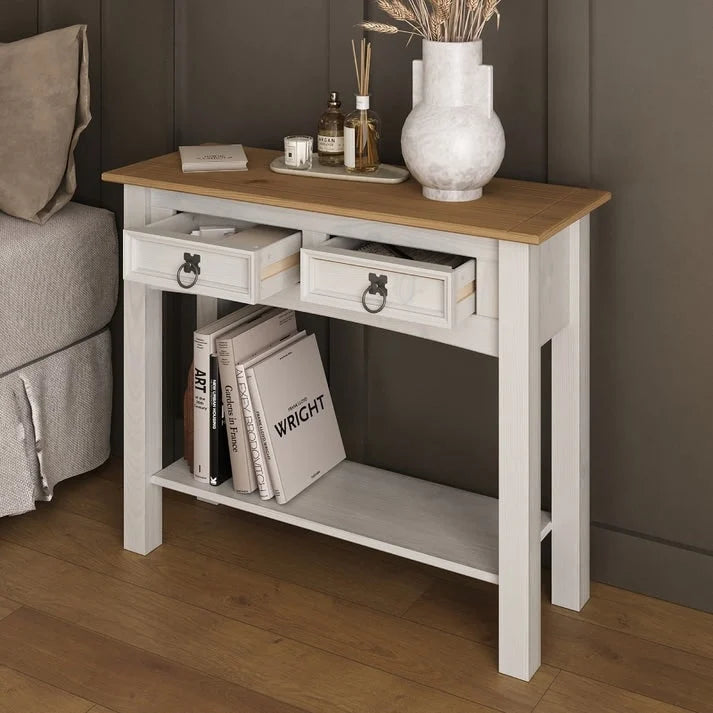 Solid Pine Wood Hall Console Table with 2 Drawers
