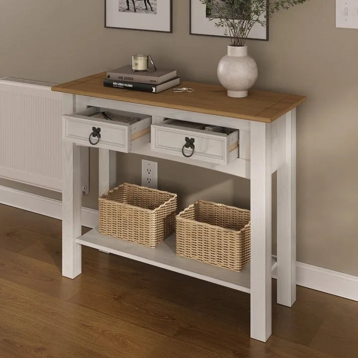 Solid Pine Wood Hall Console Table with 2 Drawers