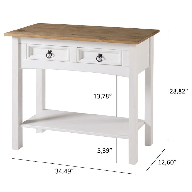 Solid Pine Wood Hall Console Table with 2 Drawers