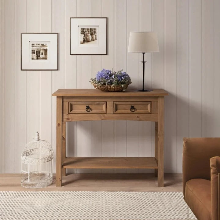 Solid Pine Wood Hall Console Table with 2 Drawers