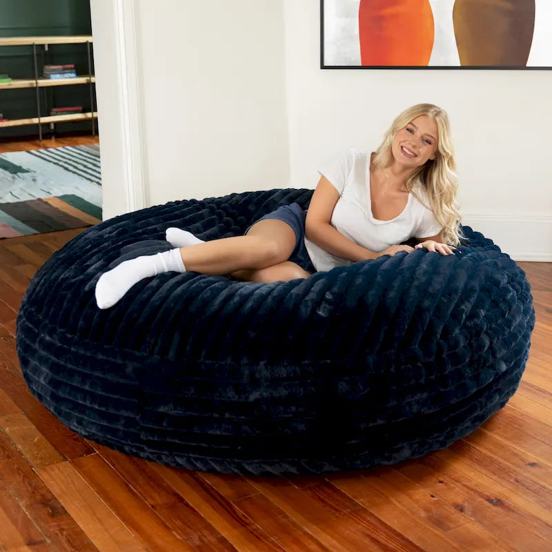 6-Foot Round Faux Fur Bean Bag Chair and Lounger – Converts to Flat Bed