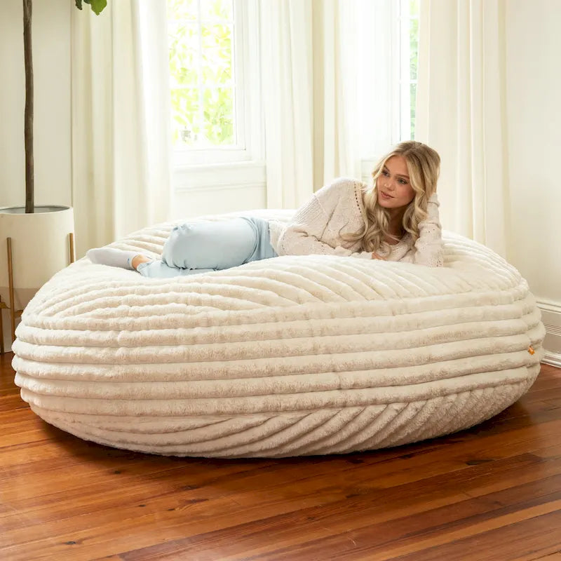 6-Foot Round Faux Fur Bean Bag Chair and Lounger – Converts to Flat Bed