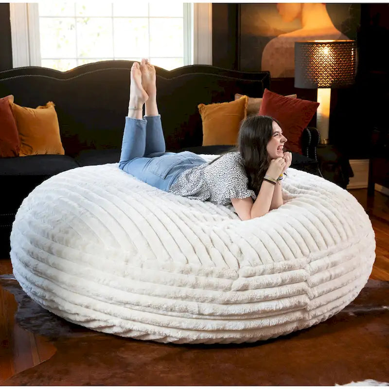 6-Foot Round Faux Fur Bean Bag Chair and Lounger – Converts to Flat Bed