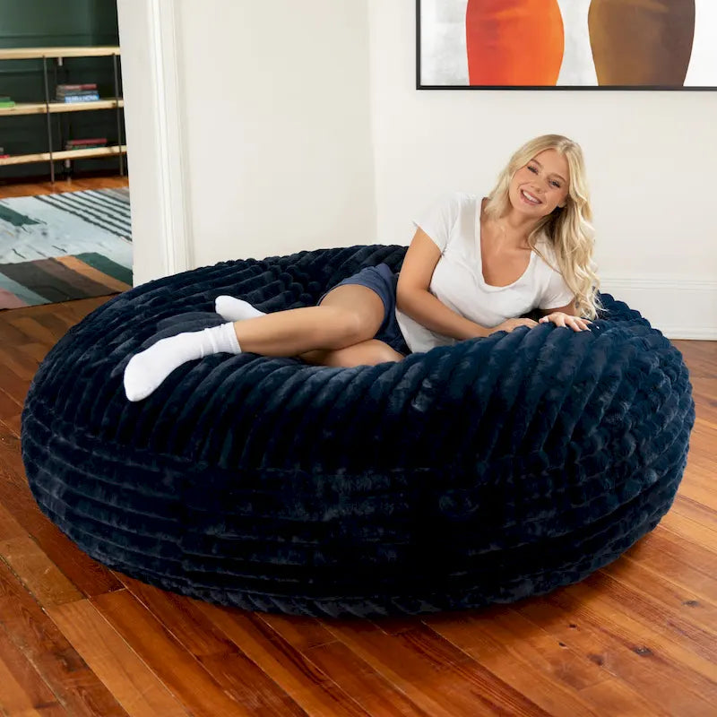 6-Foot Round Faux Fur Bean Bag Chair and Lounger – Converts to Flat Bed