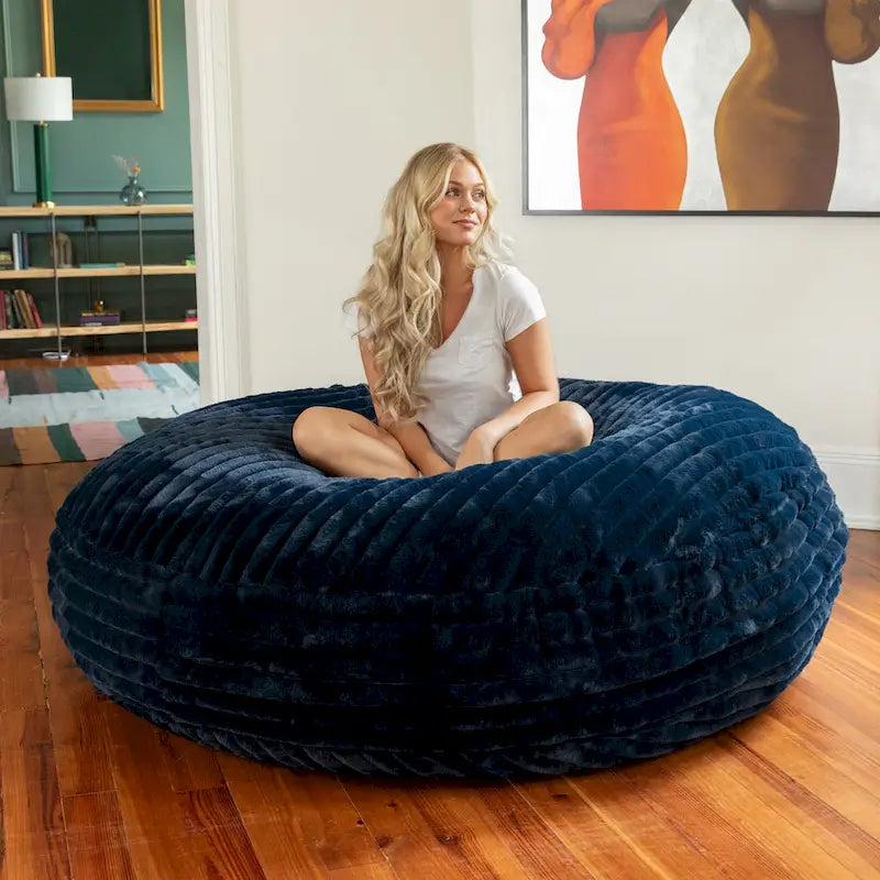 6-Foot Round Faux Fur Bean Bag Chair and Lounger – Converts to Flat Bed