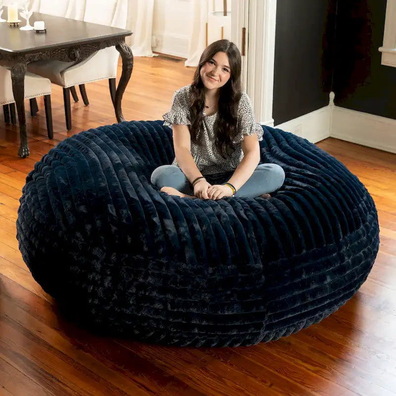 6-Foot Round Faux Fur Bean Bag Chair and Lounger – Converts to Flat Bed