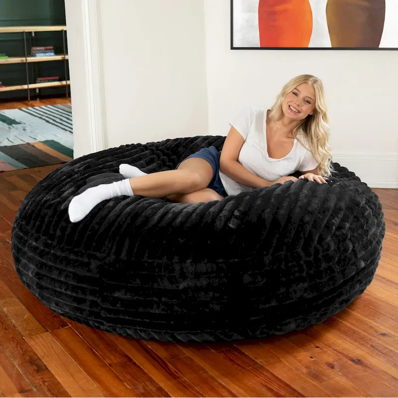 6-Foot Round Faux Fur Bean Bag Chair and Lounger – Converts to Flat Bed