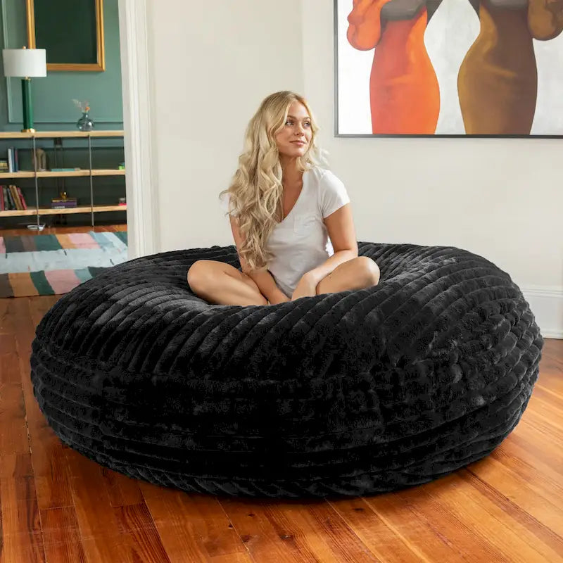 6-Foot Round Faux Fur Bean Bag Chair and Lounger – Converts to Flat Bed