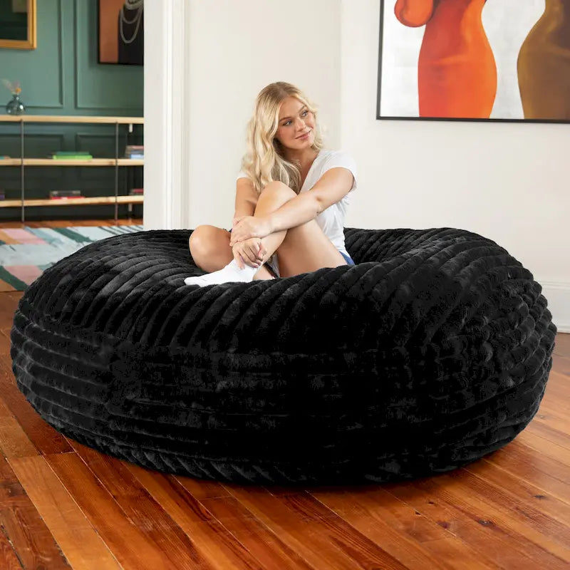 6-Foot Round Faux Fur Bean Bag Chair and Lounger – Converts to Flat Bed