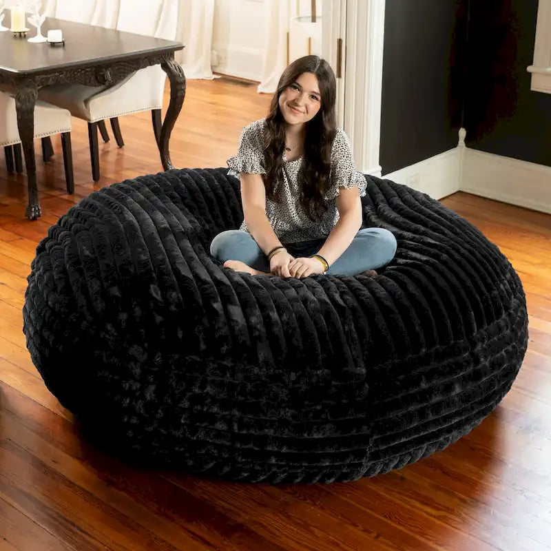 6-Foot Round Faux Fur Bean Bag Chair and Lounger – Converts to Flat Bed