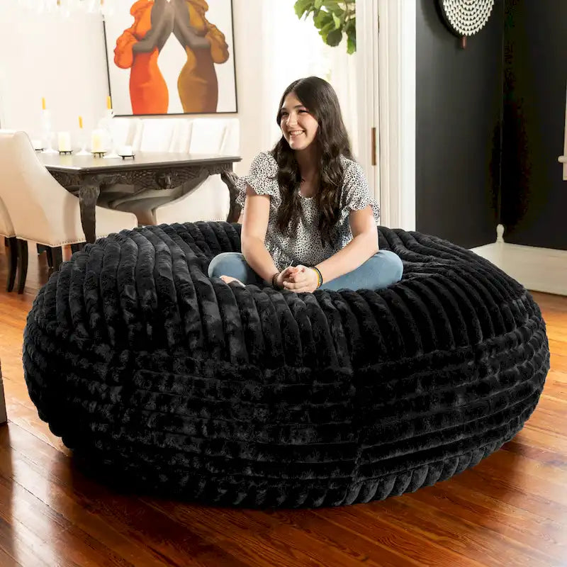 6-Foot Round Faux Fur Bean Bag Chair and Lounger – Converts to Flat Bed
