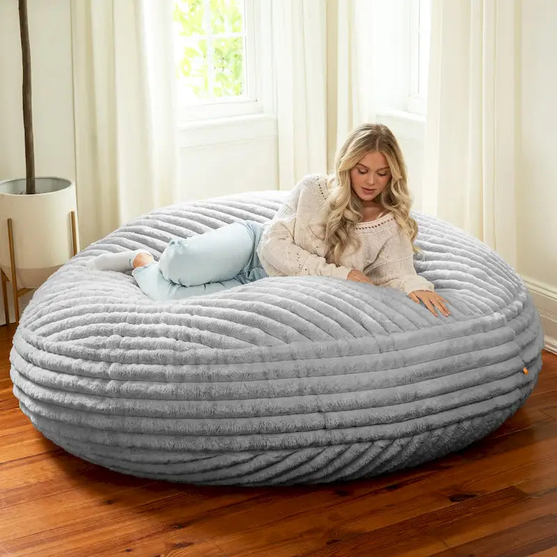 6-Foot Round Faux Fur Bean Bag Chair and Lounger – Converts to Flat Bed