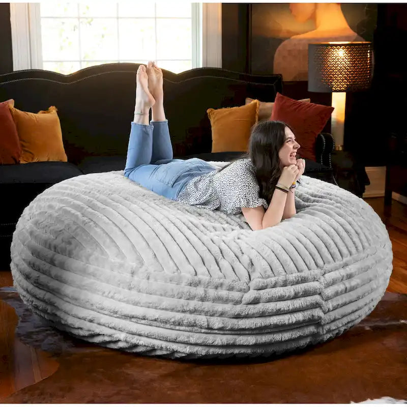 6-Foot Round Faux Fur Bean Bag Chair and Lounger – Converts to Flat Bed