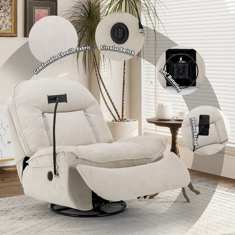360° Swivel Chenille Recliner with Adjustable Phone Holder