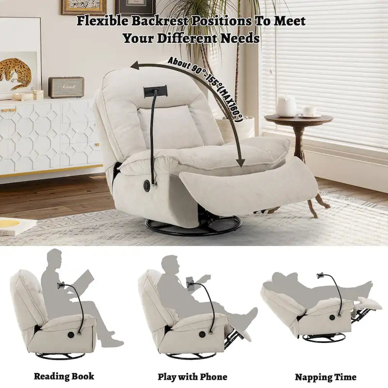 360° Swivel Chenille Recliner with Adjustable Phone Holder
