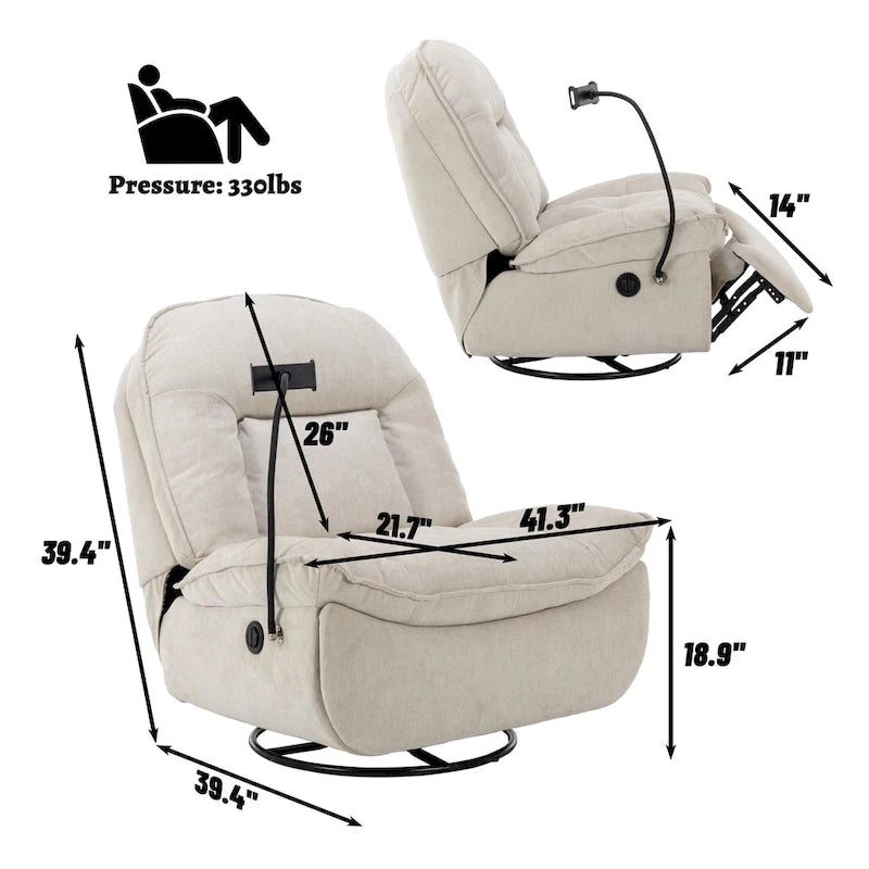 360° Swivel Chenille Recliner with Adjustable Phone Holder