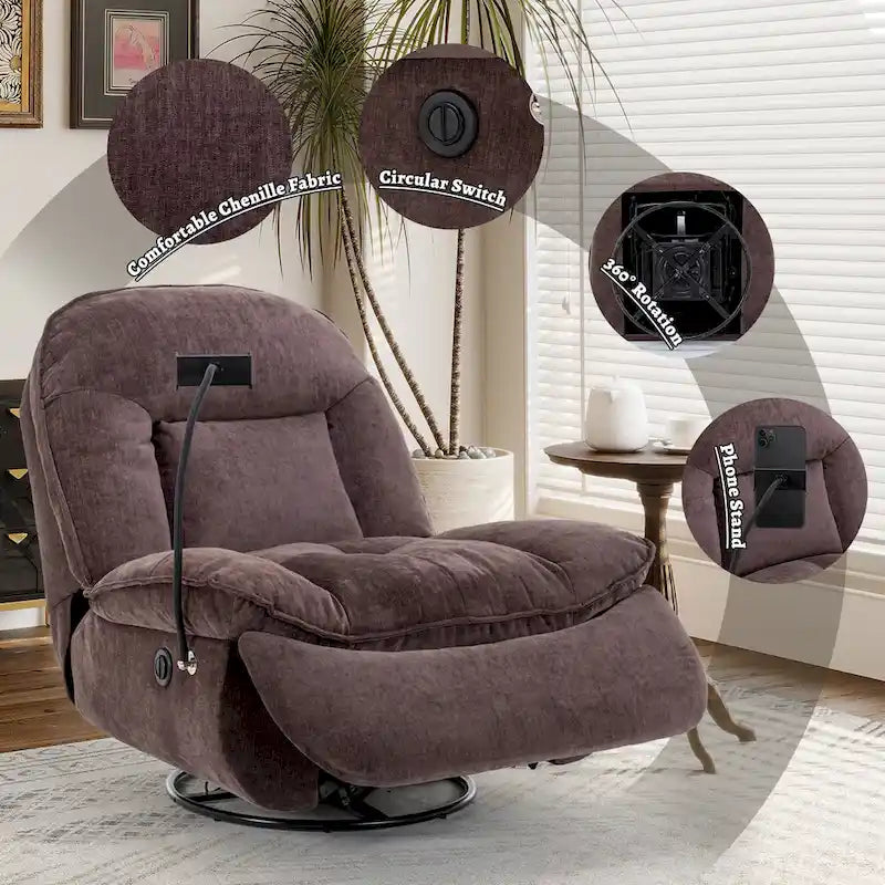 360° Swivel Chenille Recliner with Adjustable Phone Holder