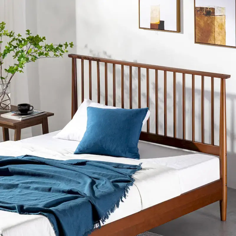 Mid-Century Solid Wood Platform Bed Frame with Spindled Headboard